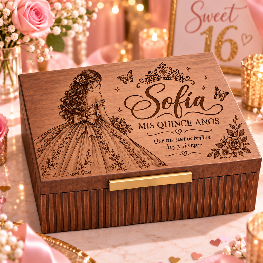 Custom Engraved Keepsake Box for Quinceanera & Sweet 16 – Personalized Memory Box Gift