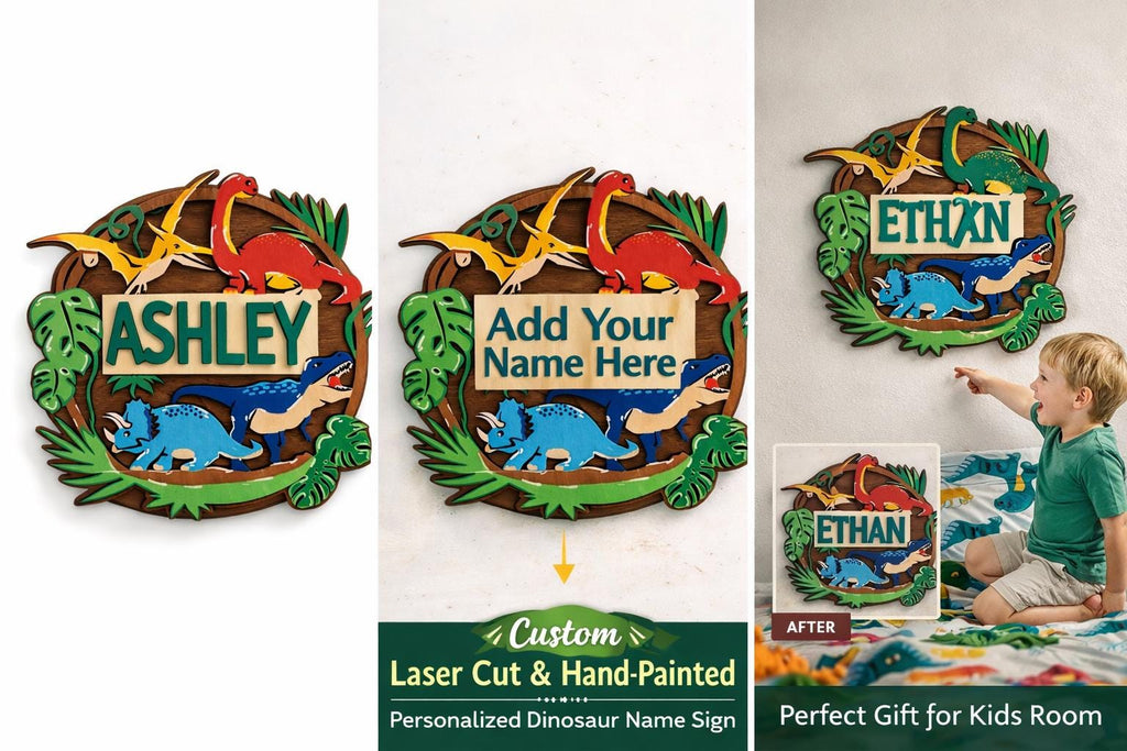 Personalized Dinosaur Name Sign, Laser Cut Hand Painted Wooden Nursery Decor