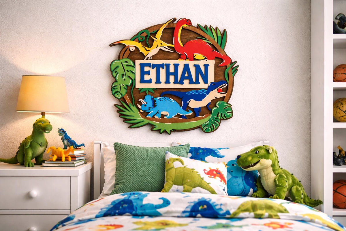 Personalized Dinosaur Name Sign, Laser Cut Hand Painted Wooden Nursery Decor
