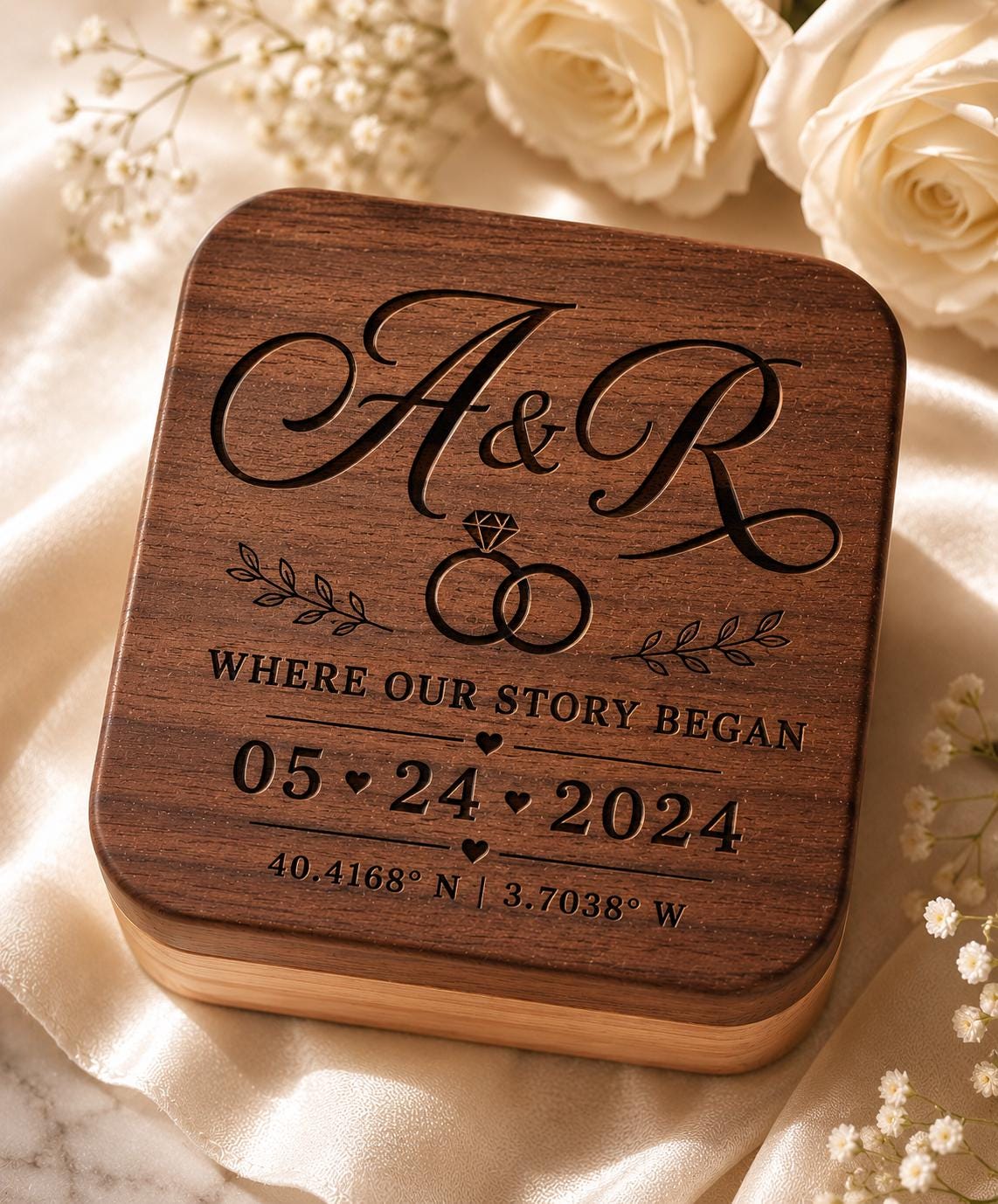 Personalized Walnut Ring Box, Custom Engraved Proposal Keepsake, Wedding Anniversary Gift