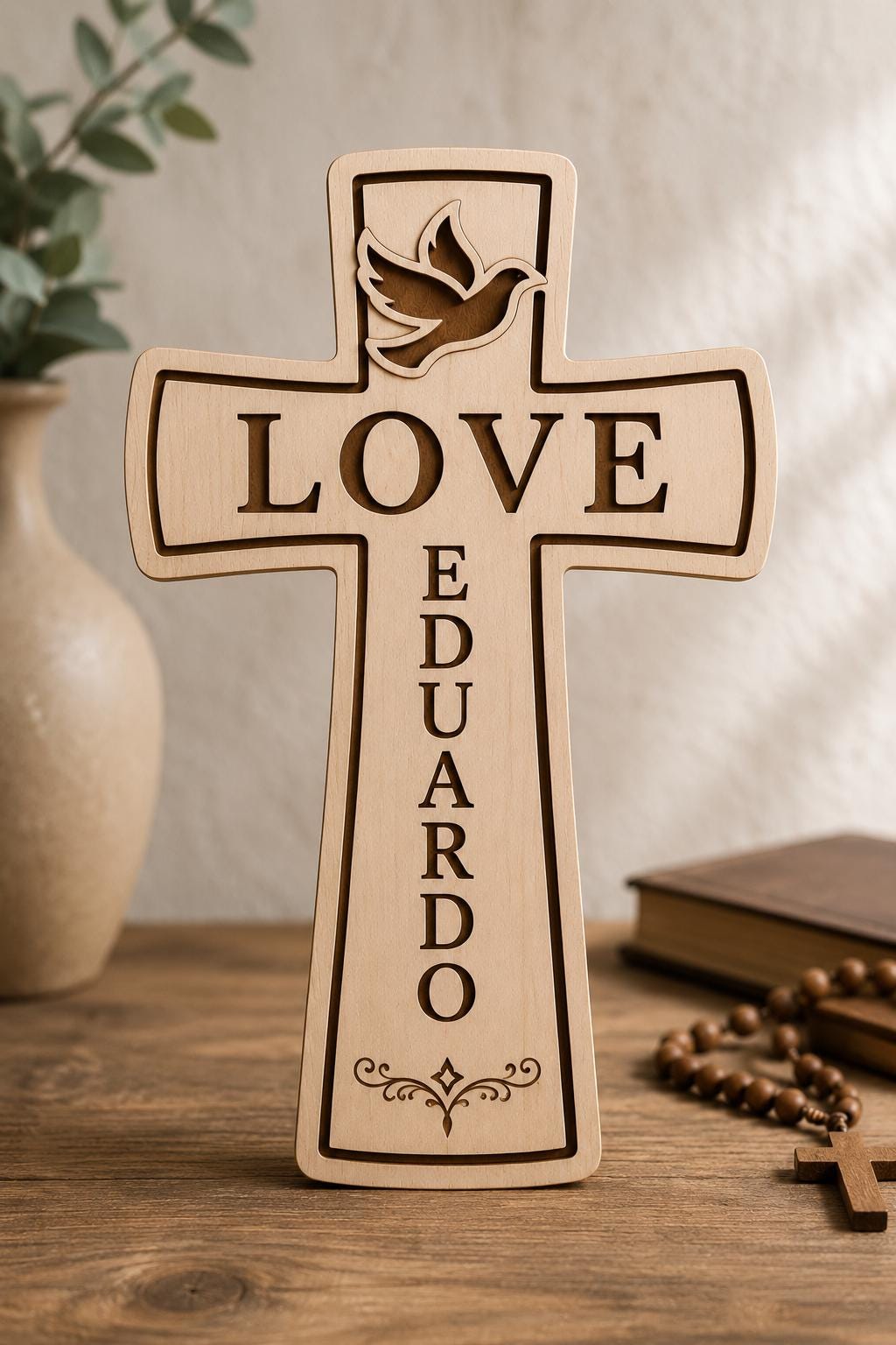 Personalized 3D Wooden Cross Decor, Love Dove Name Sign, Christian Faith Home Art