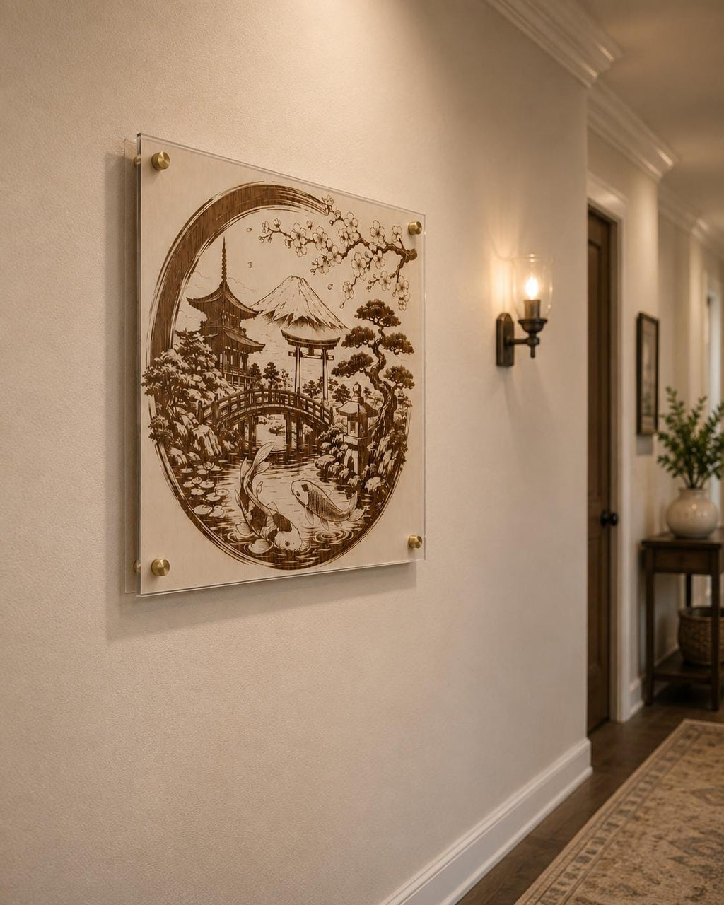 Japanese Geisha Wood Wall Art | Laser Engraved Koi, Cherry Blossoms (12x12")