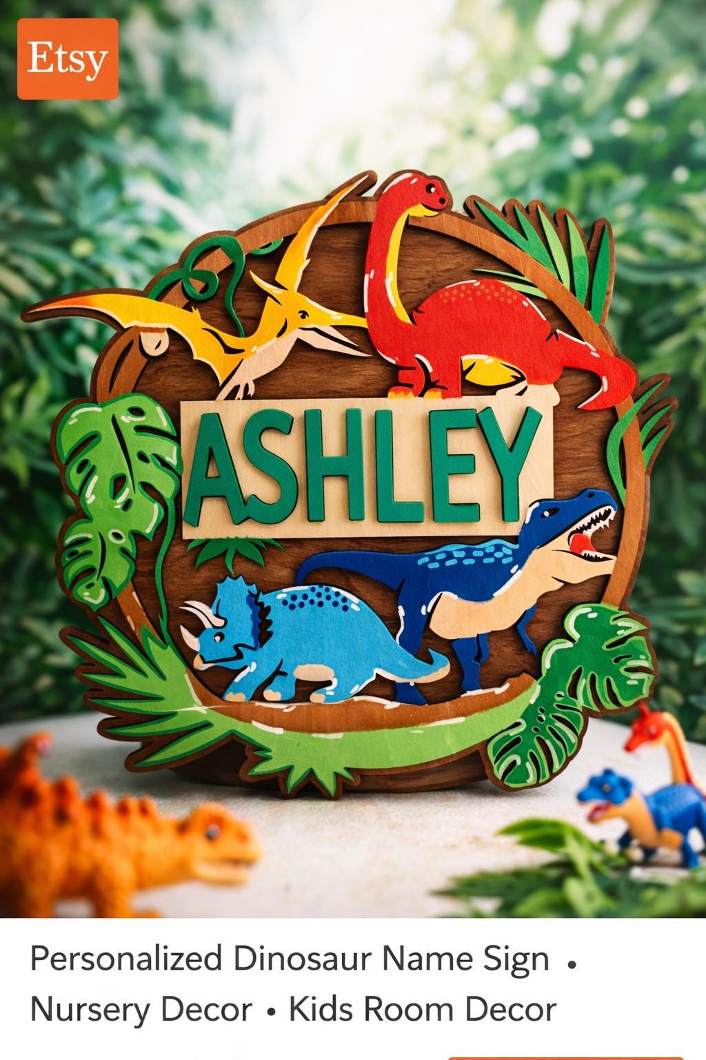 Personalized Dinosaur Name Sign, Laser Cut Hand Painted Wooden Nursery Decor