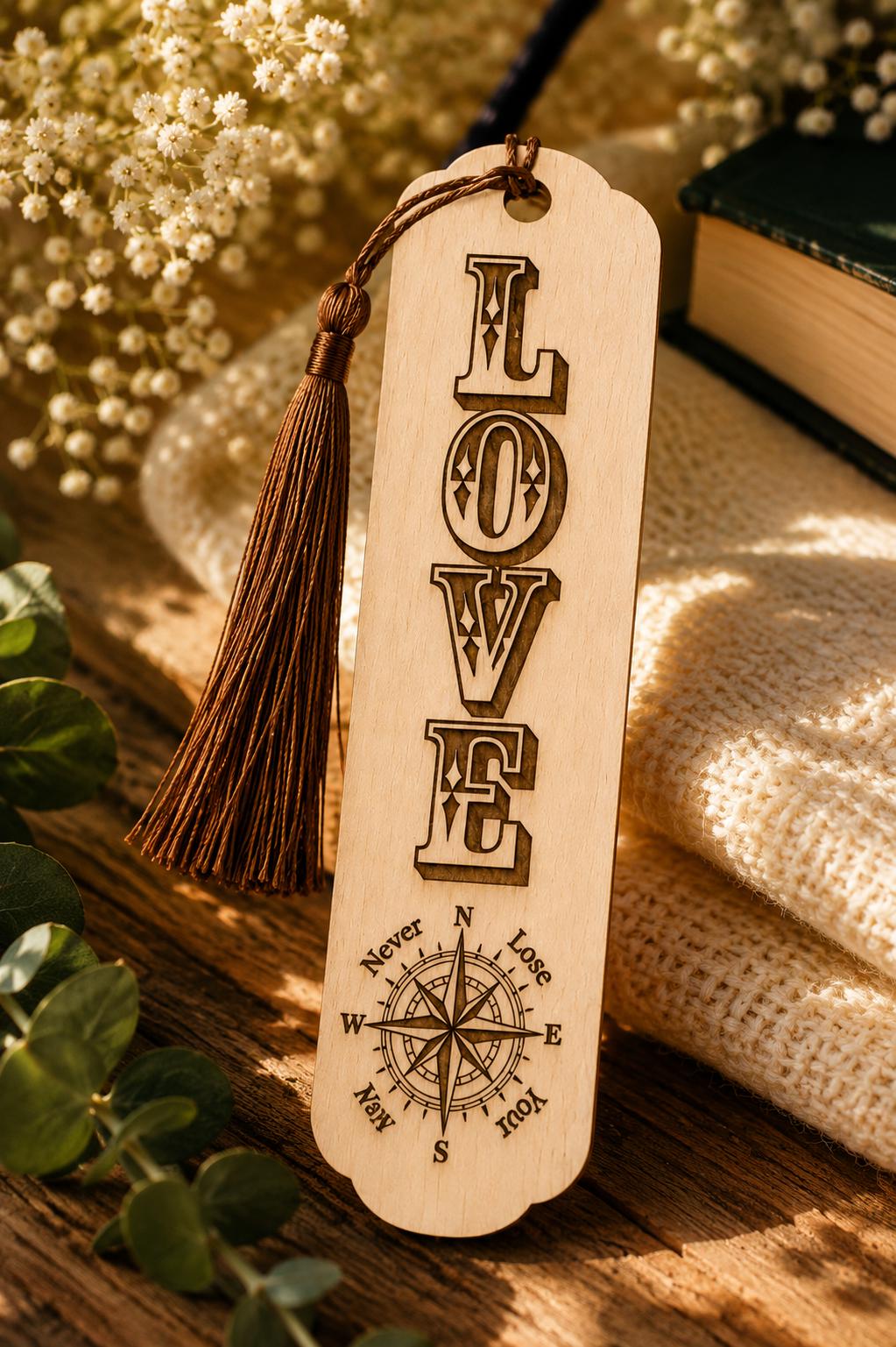 Laser Engraved Basswood Bookmark with Tassel, Inspirational Compass Design (Faith, Hope, Love, Grace)