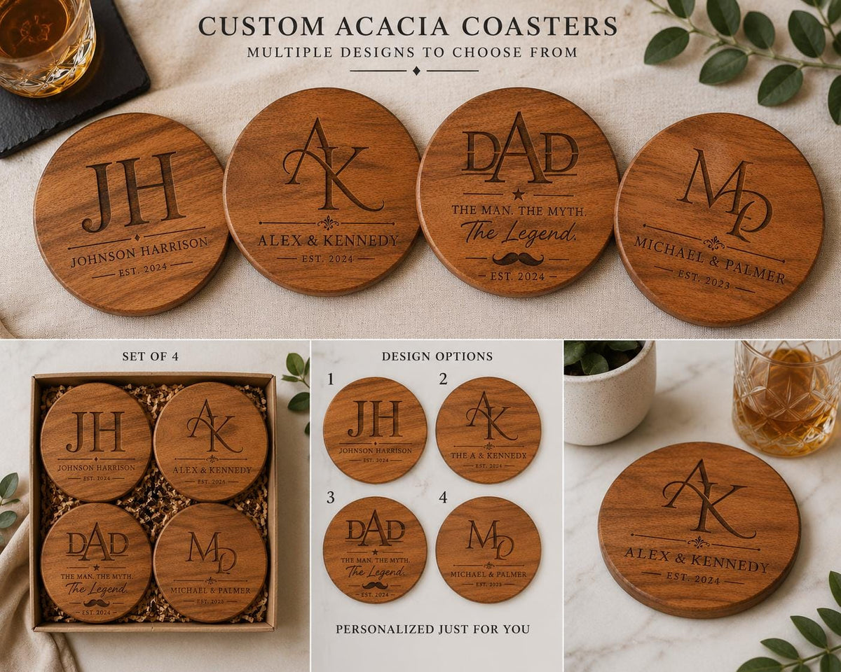 Personalized Acacia Wood Coaster Set, Custom Engraved Monogram, Wedding Housewarming Gift