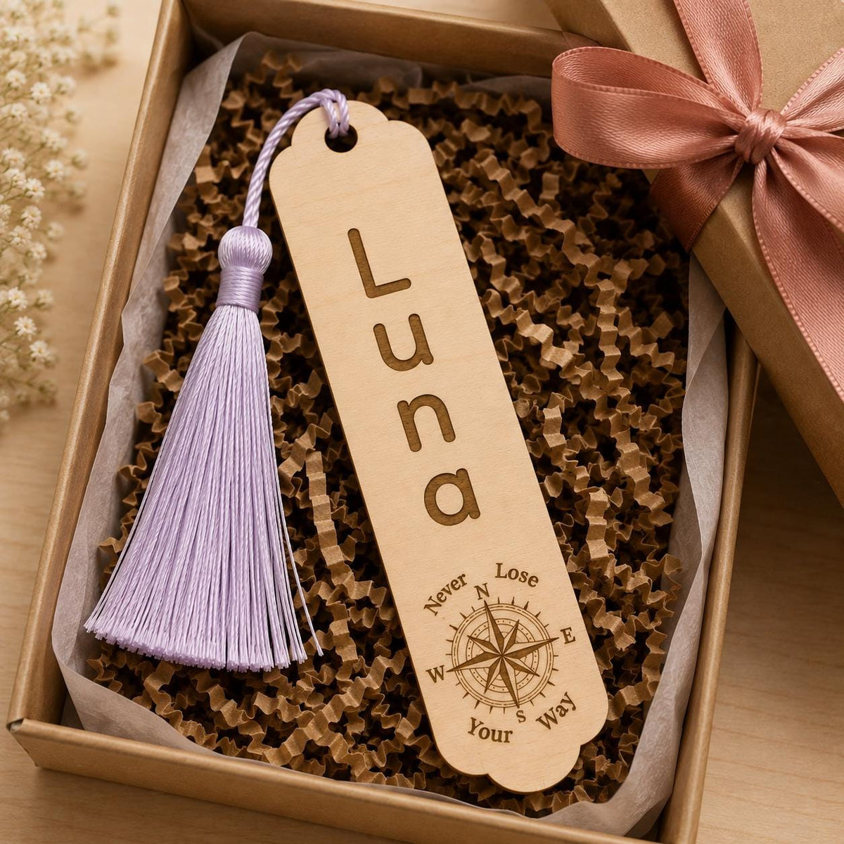 Custom Engraved Wooden Bookmark | Personalized Name, Compass Design, Tassel Detail