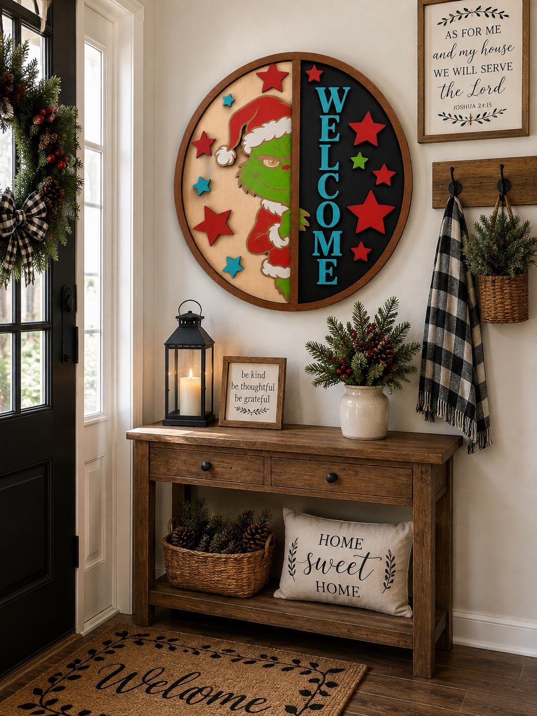 Grinch Christmas Welcome Sign, Multilayer Birch Wood Door Hanger, 3D Holiday Decor
