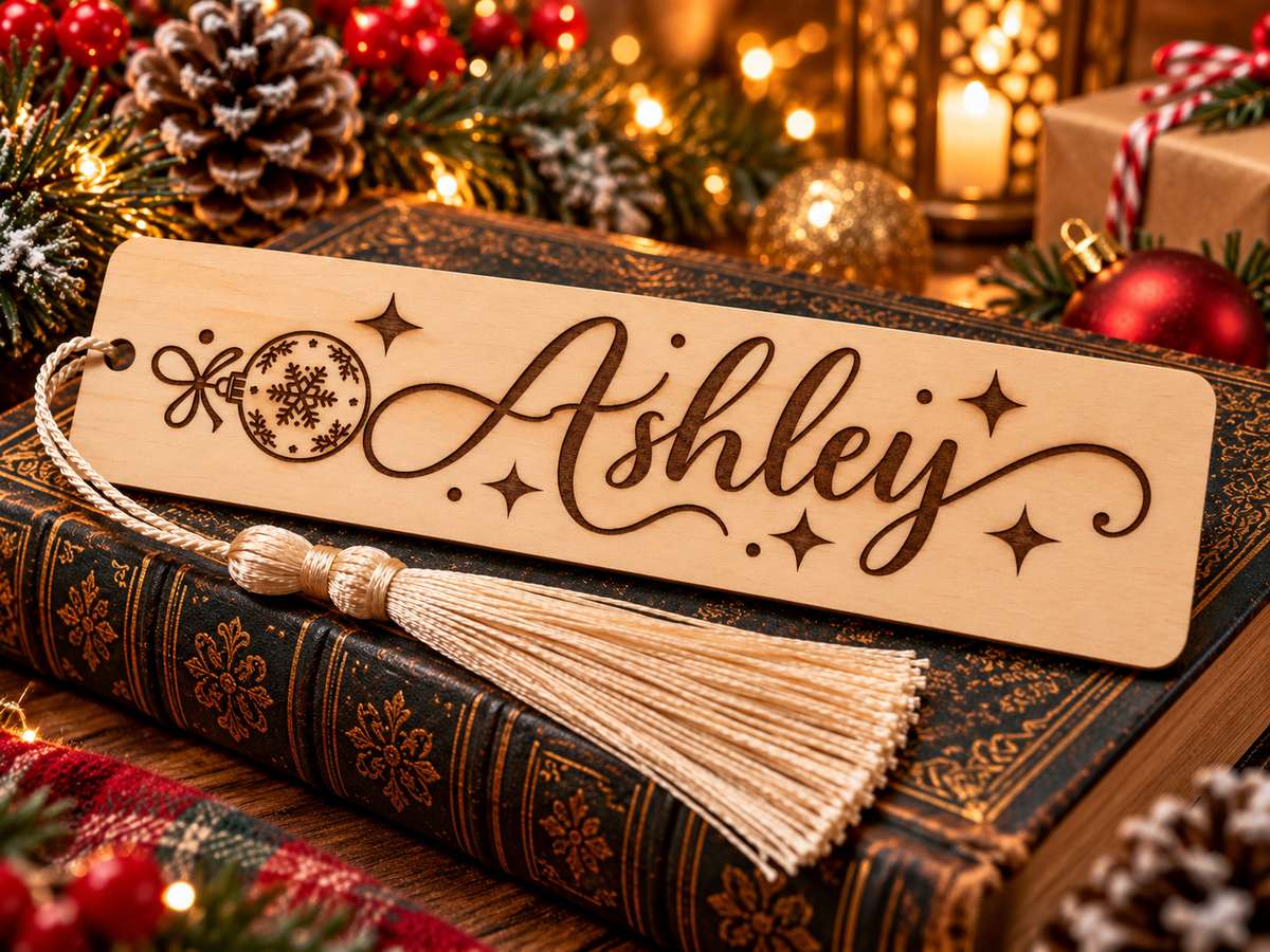 Personalized Christmas Wooden Bookmark with Name – Custom Engraved Holiday Bookmark with Tassel | Gift for Book Lovers