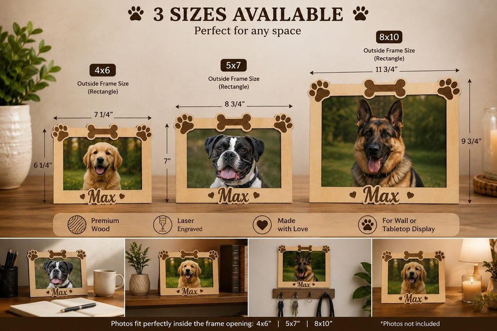 Personalized Dog Photo Frame – Engraved Wood, Paw Prints, Bone Design (Custom Name)