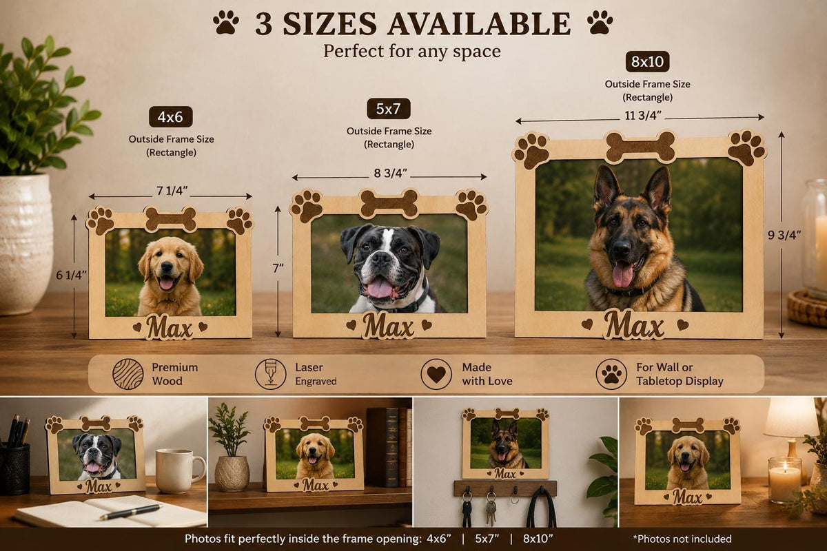 Personalized Dog Photo Frame – Engraved Wood, Paw Prints, Bone Design (Custom Name)