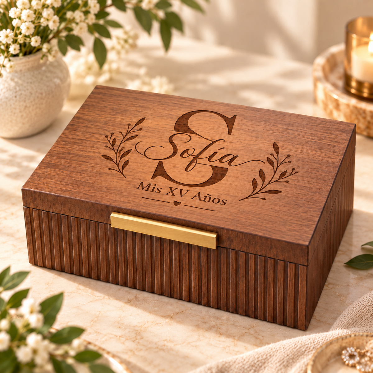 Custom Engraved Keepsake Box for Quinceanera & Sweet 16 – Personalized Memory Box Gift