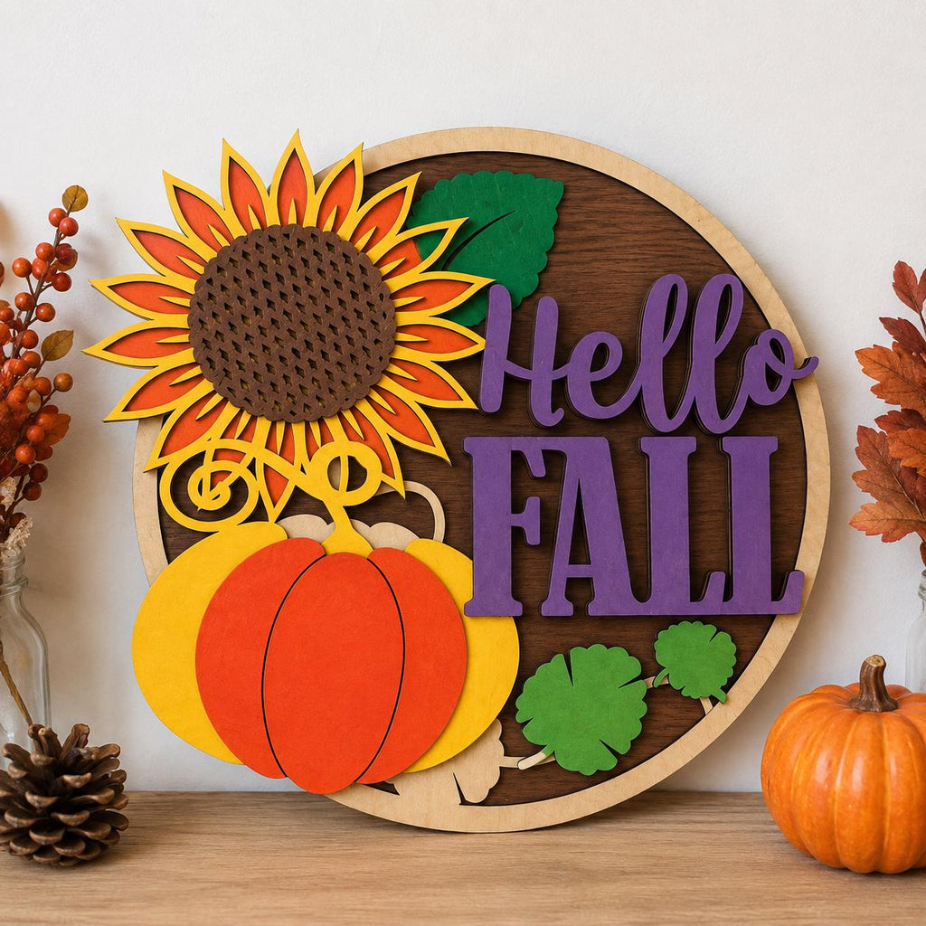 Multilayer Birch Wood Fall Sign, Pumpkin Sunflower Autumn Decor (11.875" H x 10.875" W)