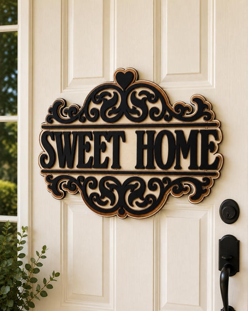 3-Layer Birch Wood Sweet Home Sign, Farmhouse Entryway Decor, Laser-Cut Wall Art