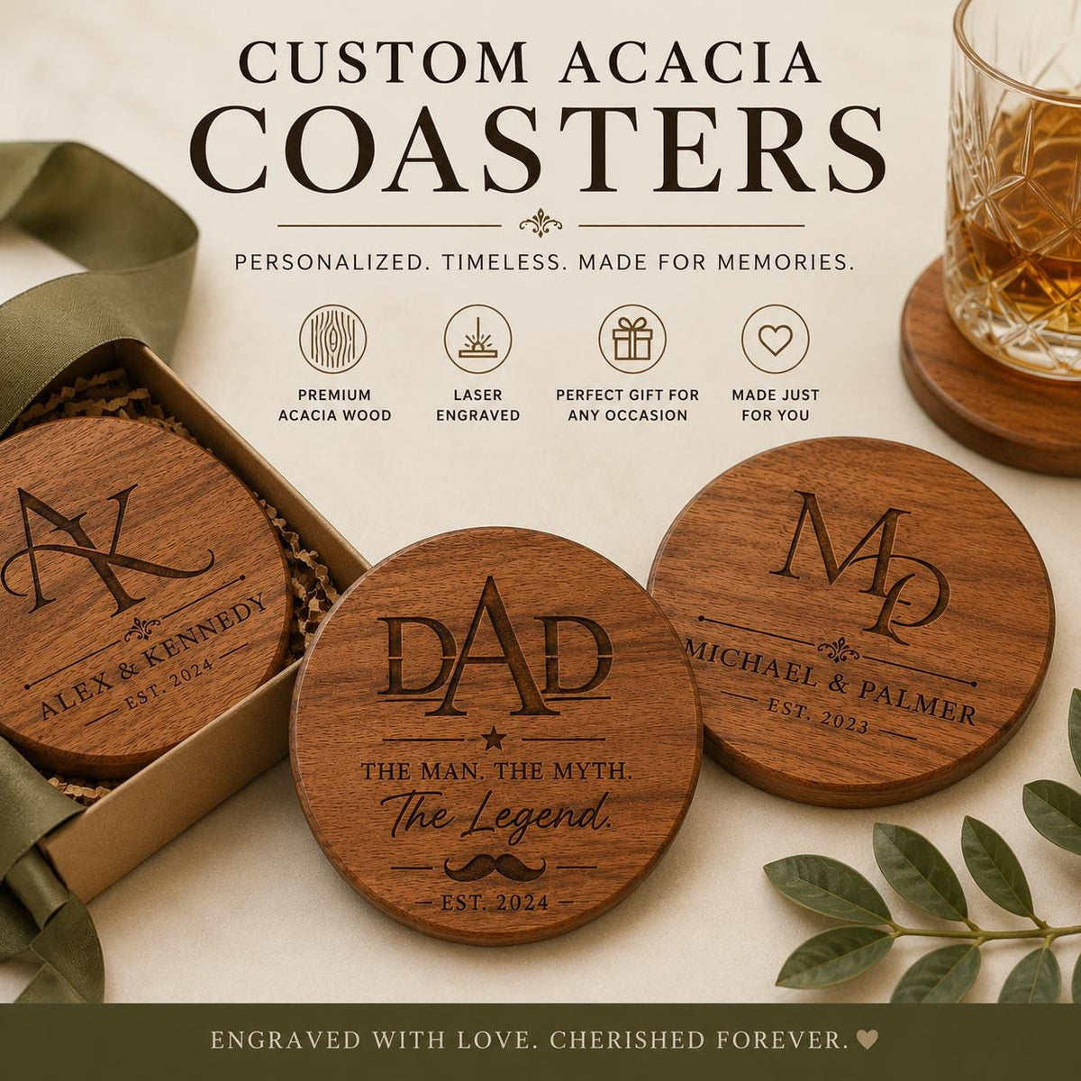 Personalized Acacia Wood Coaster Set, Custom Engraved Monogram, Wedding Housewarming Gift