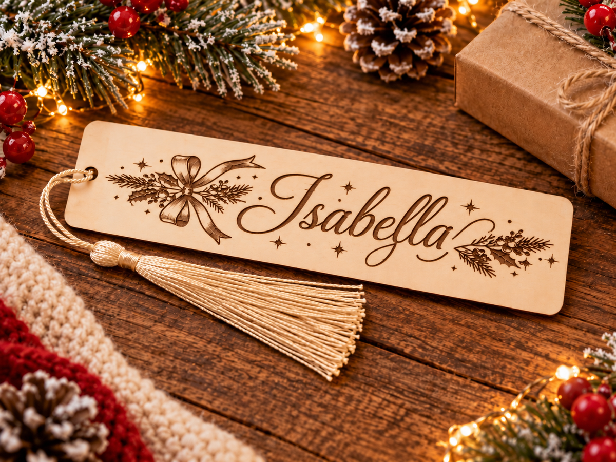 Personalized Christmas Wooden Bookmark with Name – Custom Engraved Holiday Bookmark with Tassel | Gift for Book Lovers