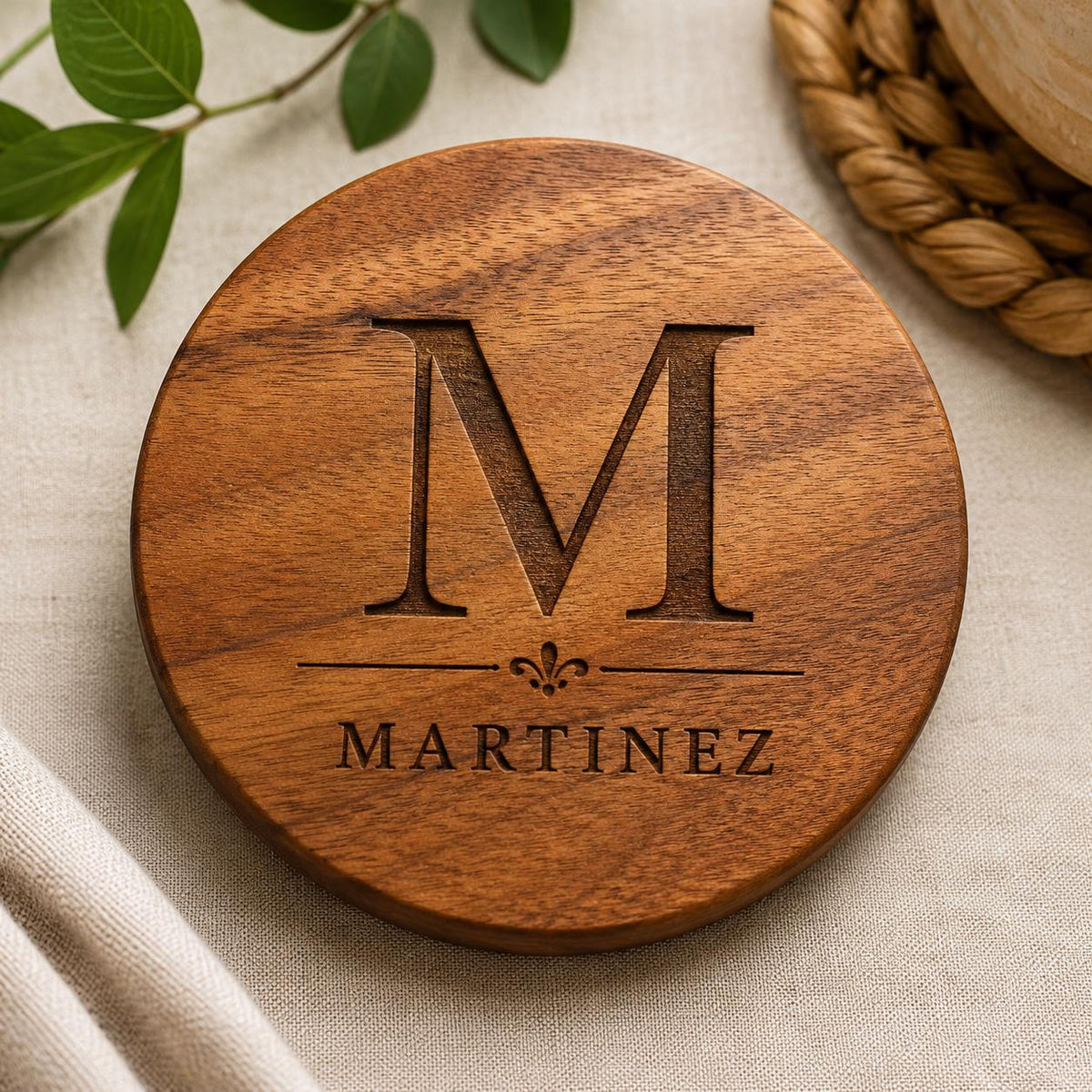 Personalized Acacia Wood Coaster Set, Custom Engraved Monogram, Wedding Housewarming Gift