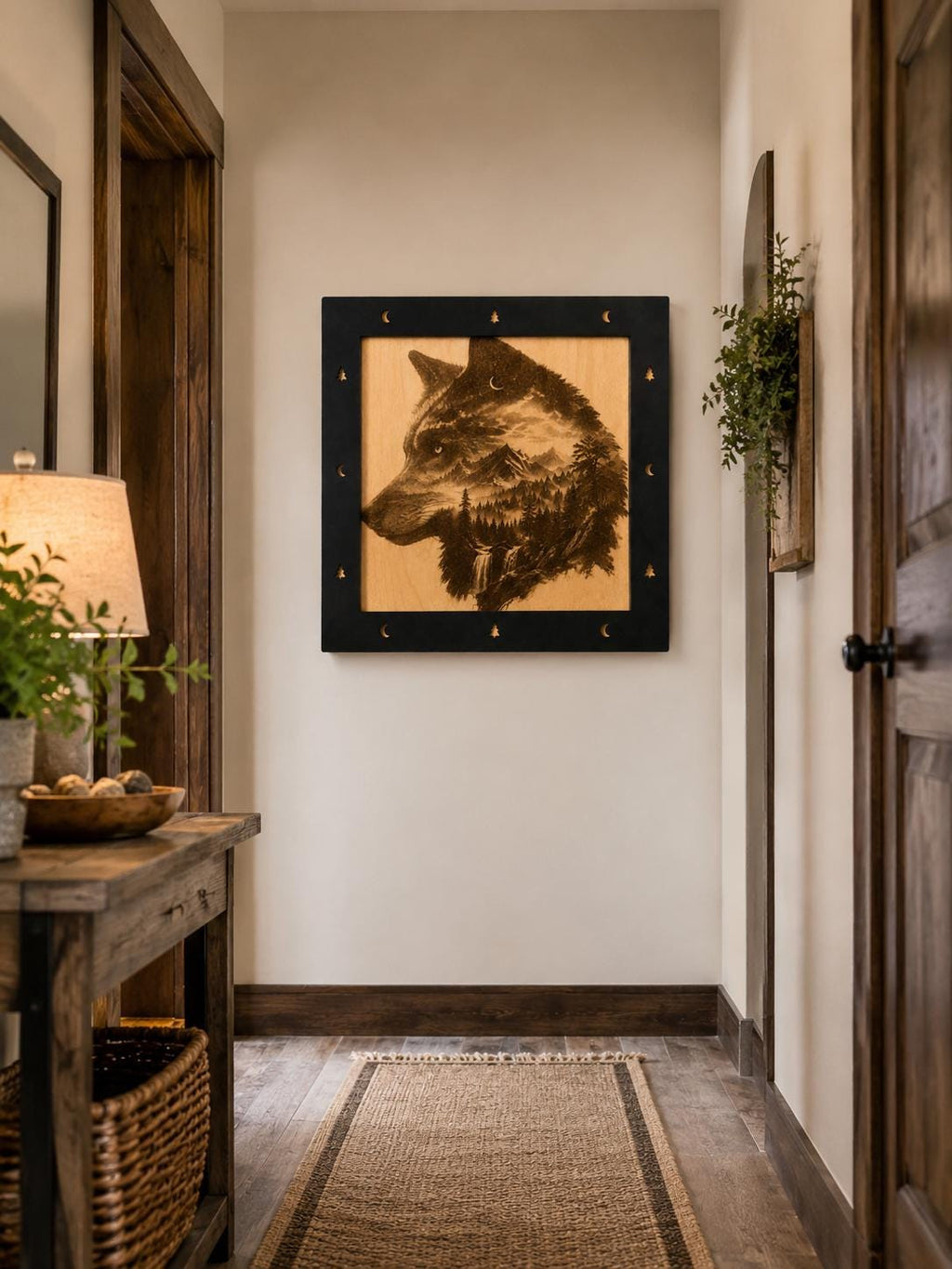 Laser Engraved Wolf Mountain Wood Art – Rustic Cabin Decor (11"x11")