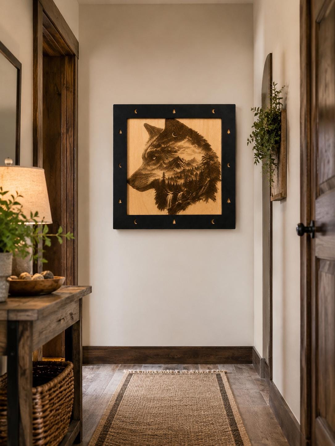 Laser Engraved Wolf Mountain Wood Art – Rustic Cabin Decor (11"x11")