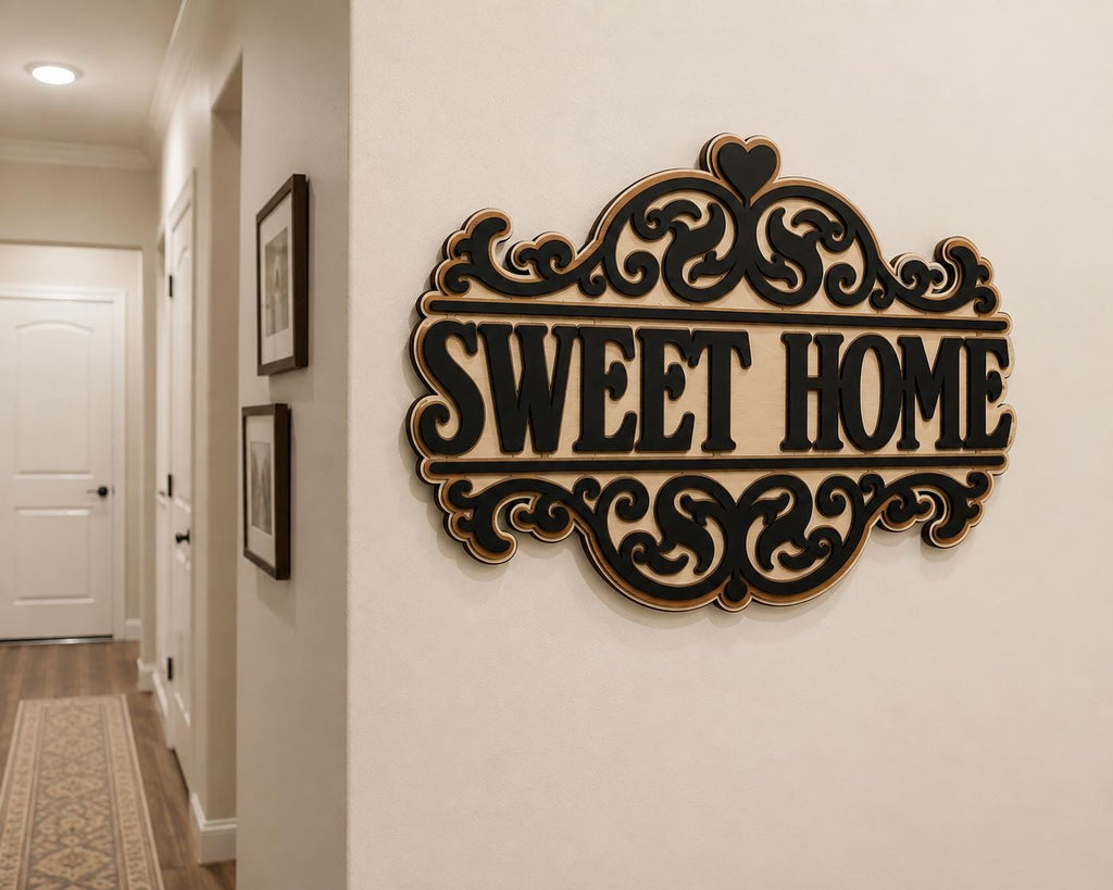 3-Layer Birch Wood Sweet Home Sign, Farmhouse Entryway Decor, Laser-Cut Wall Art
