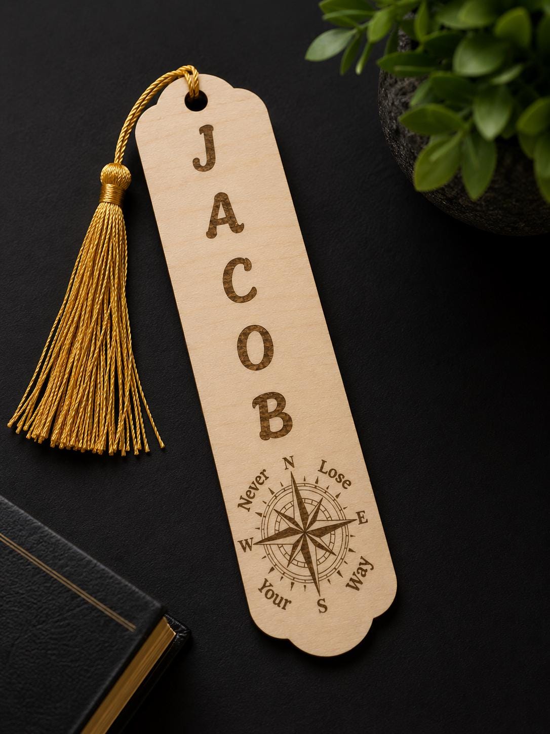 Custom Engraved Wooden Bookmark | Personalized Name, Compass Design, Tassel Detail