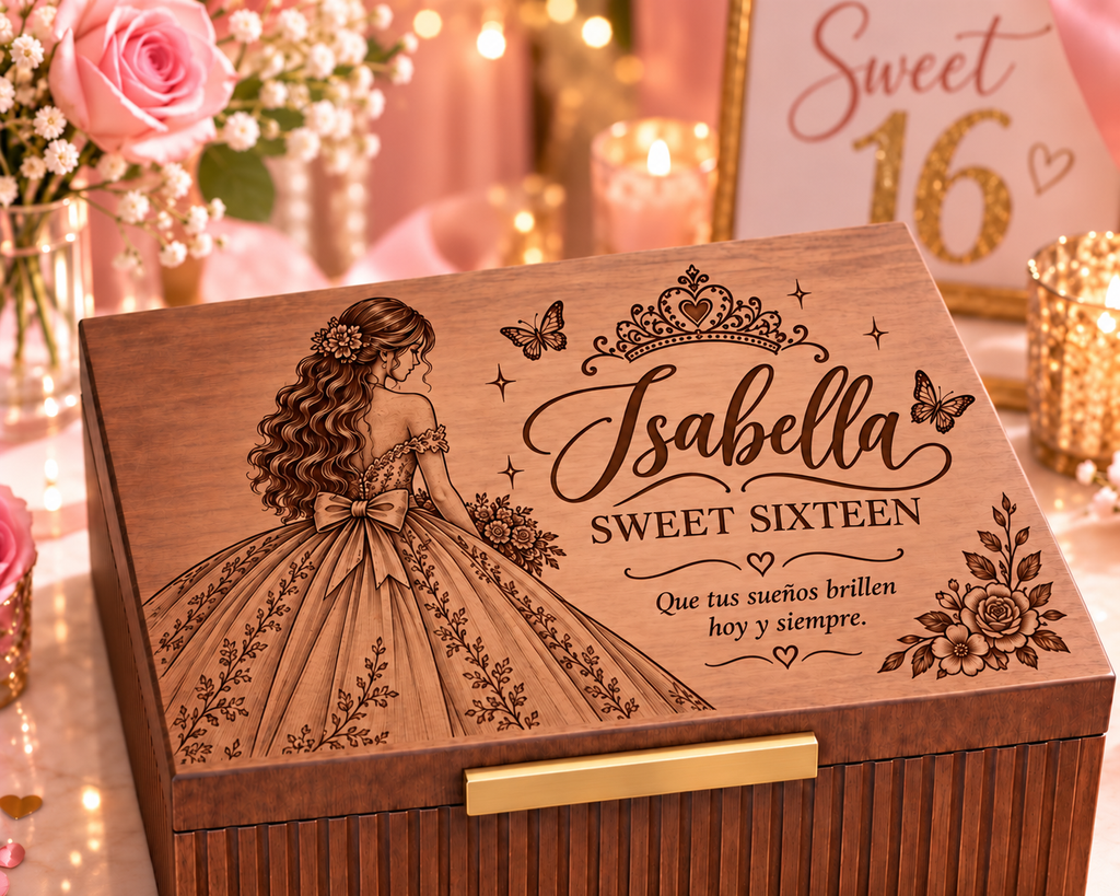 Custom Engraved Keepsake Box for Quinceanera & Sweet 16 – Personalized Memory Box Gift