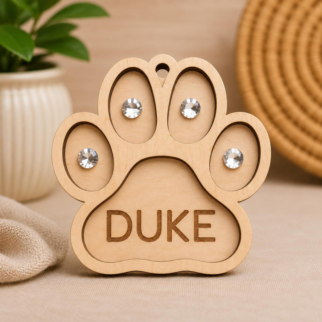 Personalized Wooden Paw Print Ornament – Laser Engraved Pet Name, Glass Stones Charm