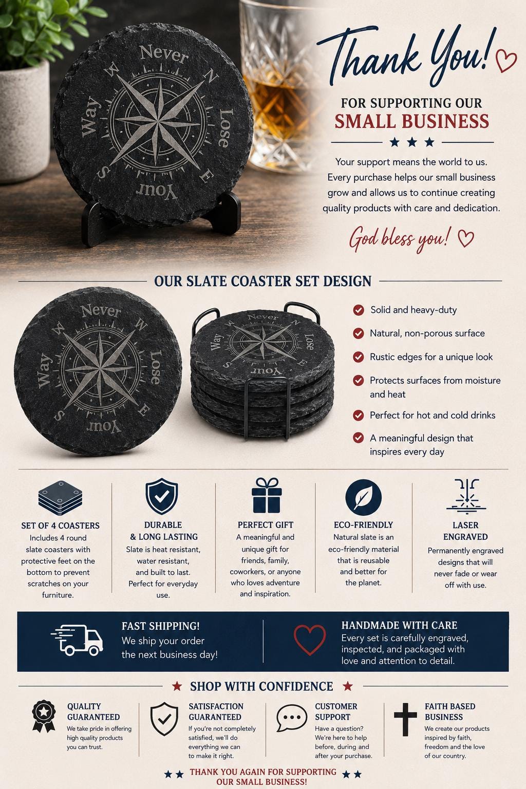 Never Lose Your Way Slate Coasters. Compass Engraved Drink Coasters