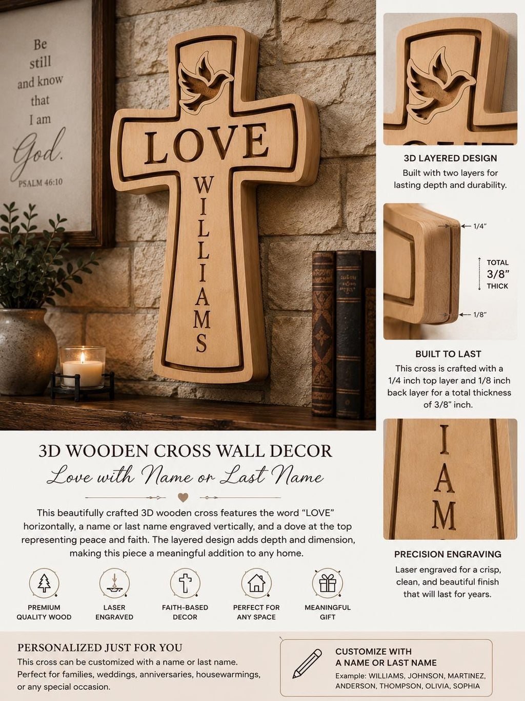 Personalized 3D Wooden Cross Decor, Love Dove Name Sign, Christian Faith Home Art