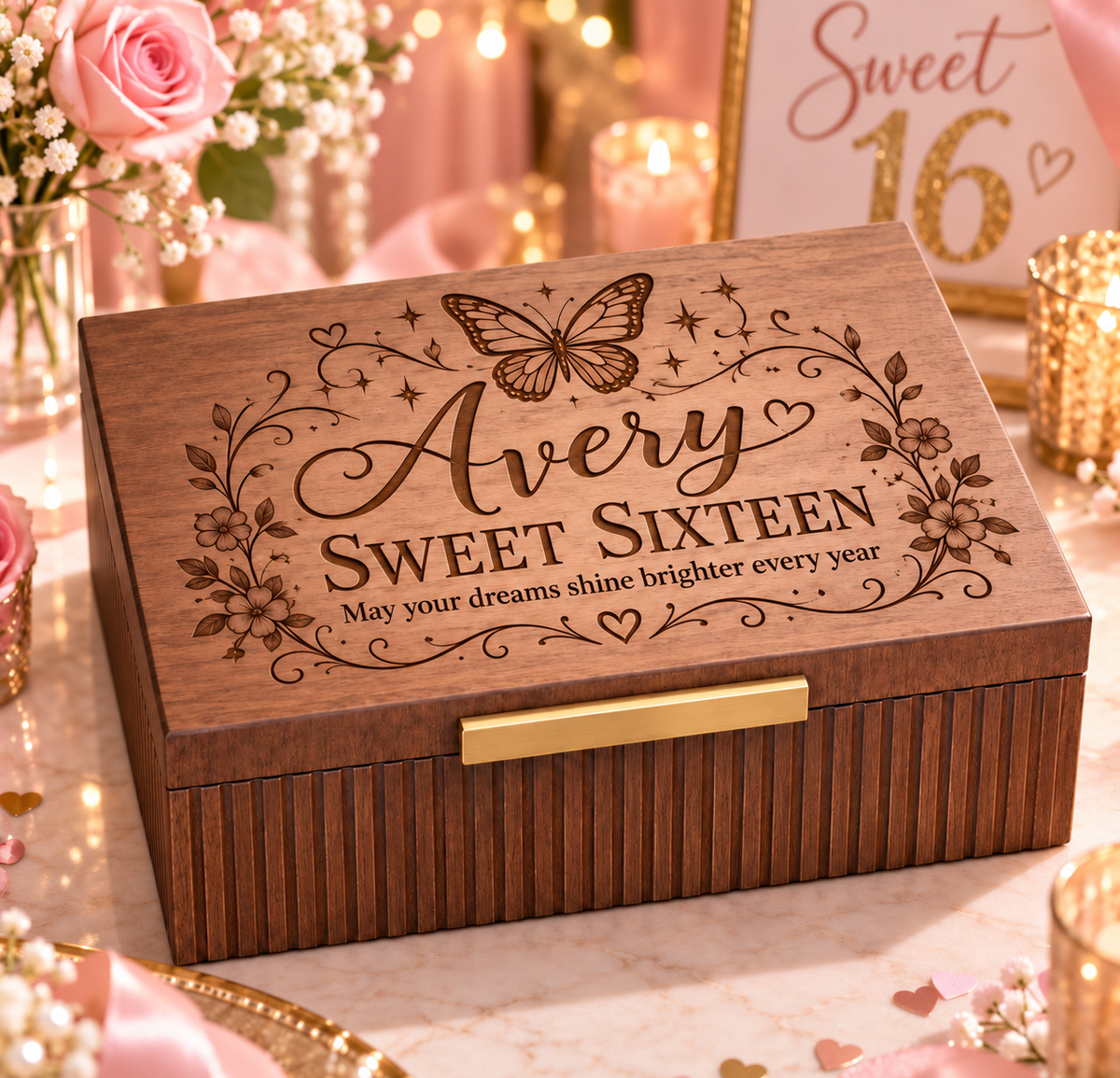 Custom Engraved Keepsake Box for Quinceanera & Sweet 16 – Personalized Memory Box Gift