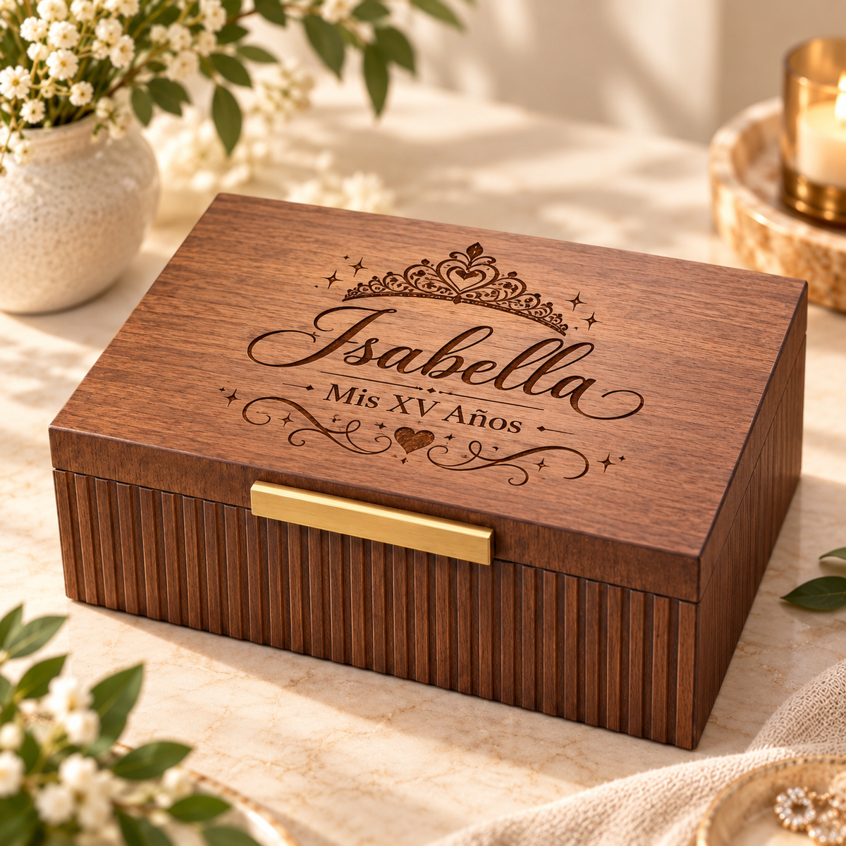 Custom Engraved Keepsake Box for Quinceanera & Sweet 16 – Personalized Memory Box Gift