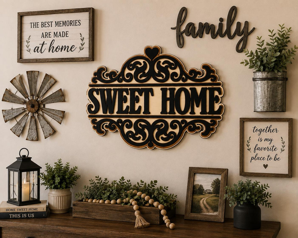 3-Layer Birch Wood Sweet Home Sign, Farmhouse Entryway Decor, Laser-Cut Wall Art