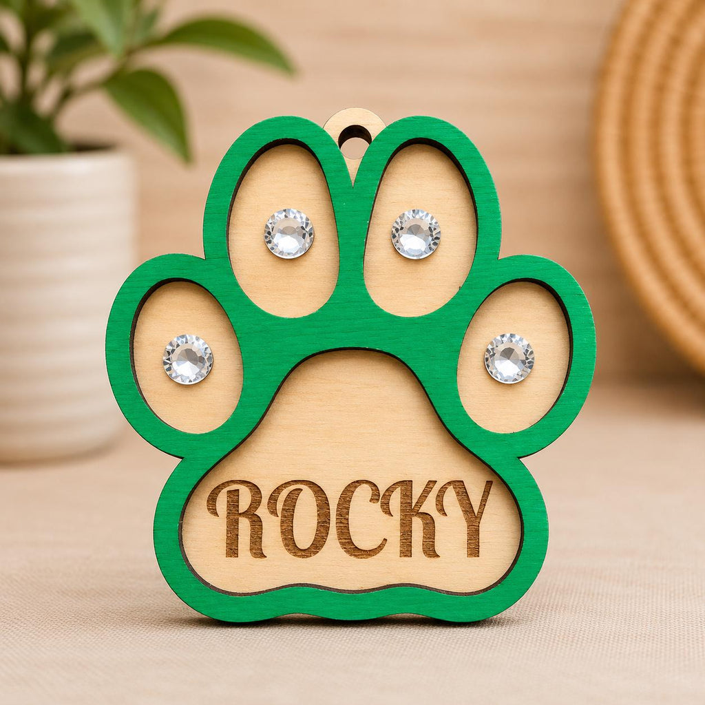 Personalized Wooden Paw Print Ornament – Laser Engraved Pet Name, Glass Stones Charm
