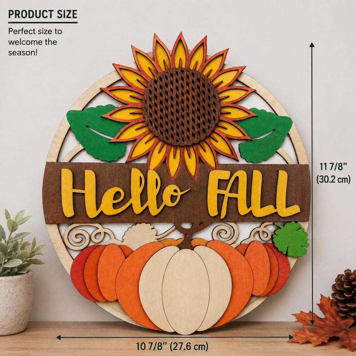 Multilayer Birch Wood Fall Sign, Pumpkin Sunflower Autumn Decor (11.875" H x 10.875" W)