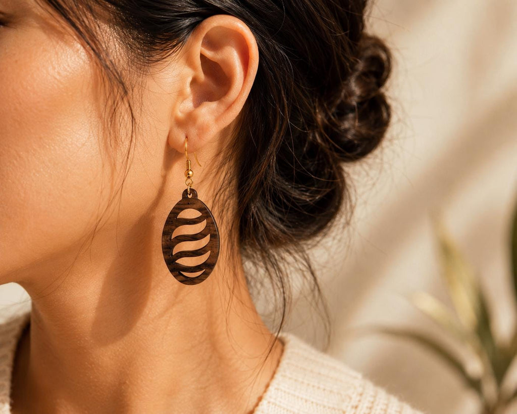 Handmade Walnut Wood Dangle Earrings | Laser Cut Lightweight Jewelry