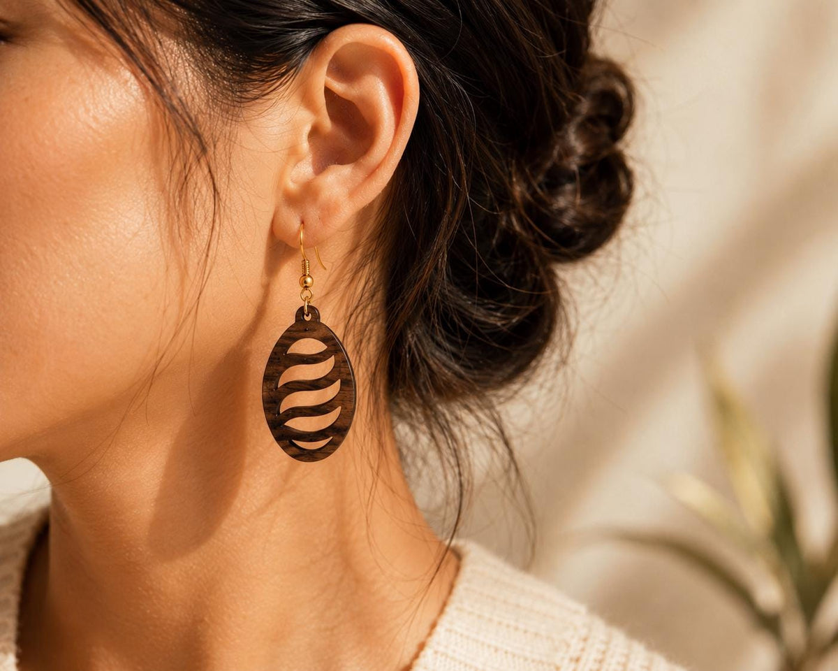 Handmade Walnut Wood Dangle Earrings | Laser Cut Lightweight Jewelry