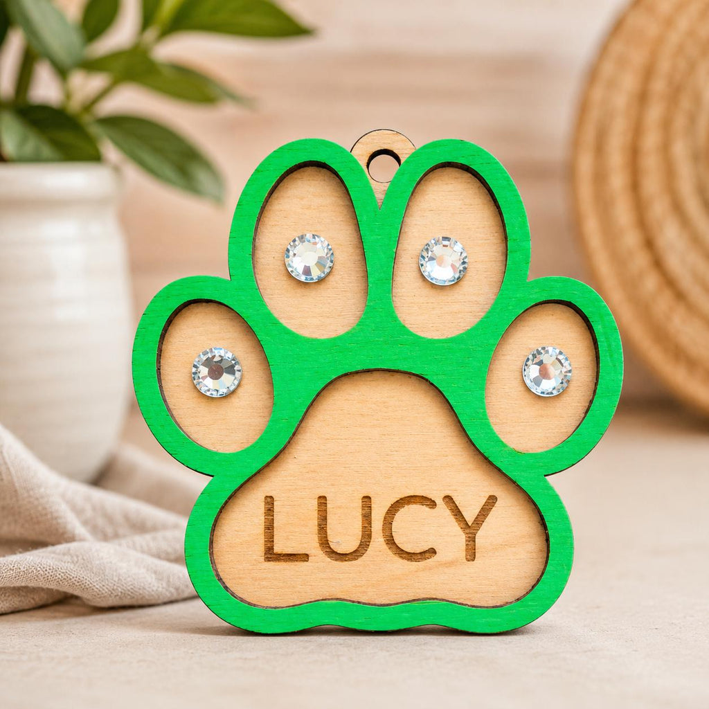 Personalized Wooden Paw Print Ornament – Laser Engraved Pet Name, Glass Stones Charm