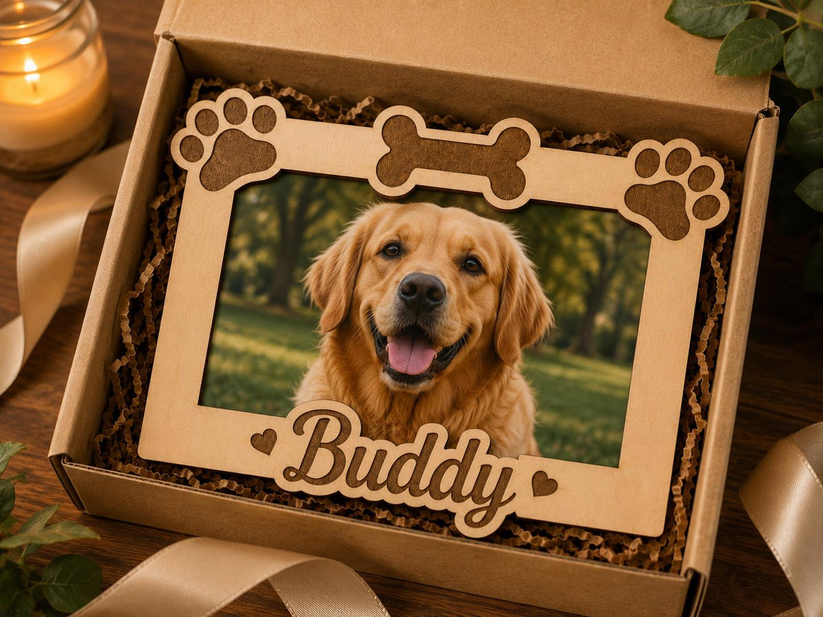 Personalized Dog Photo Frame – Engraved Wood, Paw Prints, Bone Design (Custom Name)