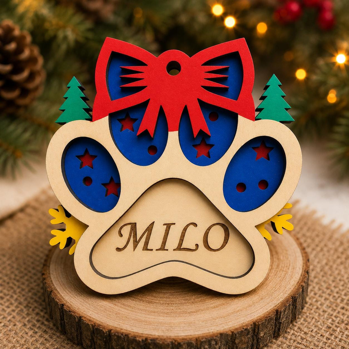 Personalized Wooden Paw Print Ornament – Laser Engraved Pet Name