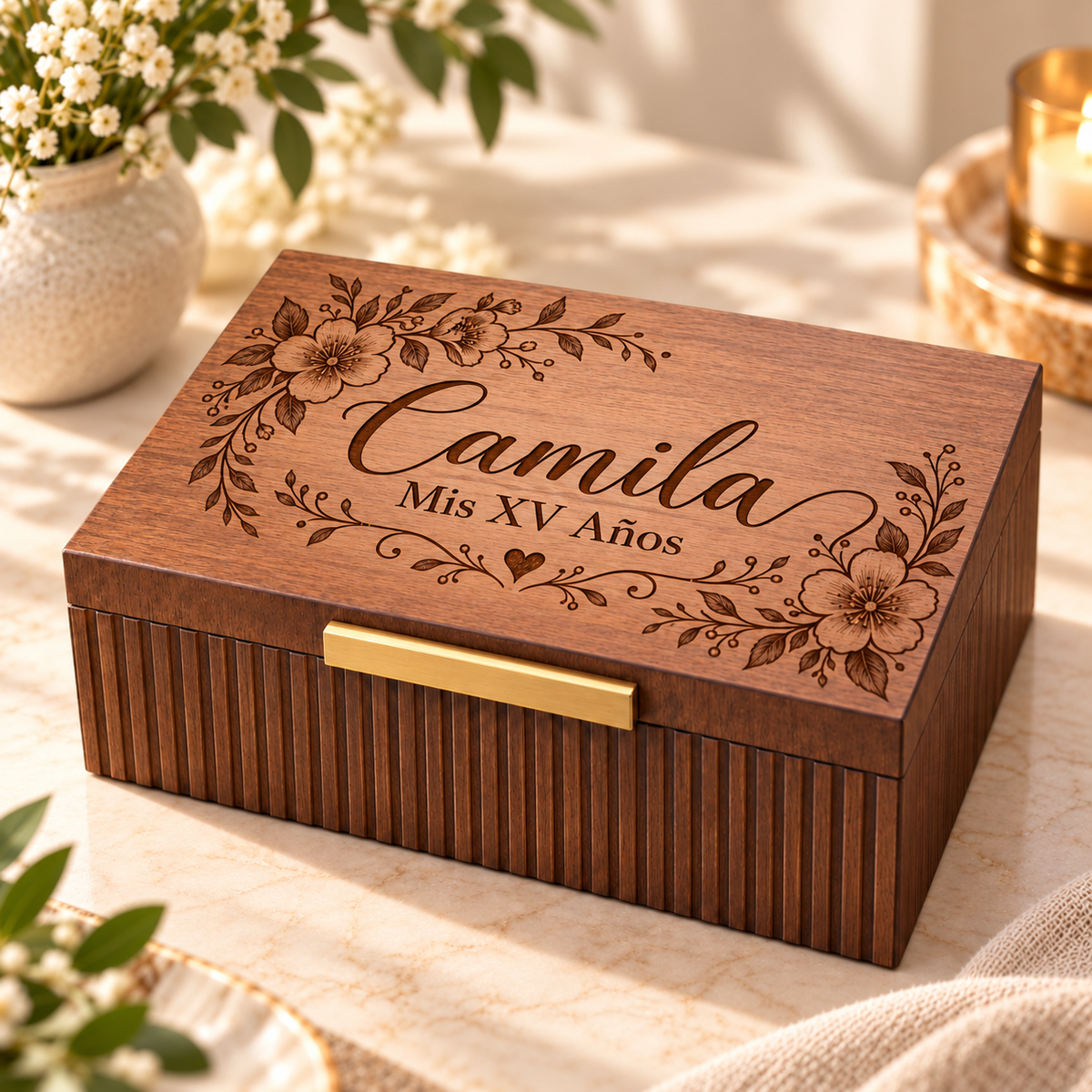 Custom Engraved Keepsake Box for Quinceanera & Sweet 16 – Personalized Memory Box Gift