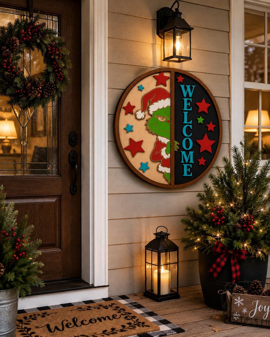Grinch Christmas Welcome Sign, Multilayer Birch Wood Door Hanger, 3D Holiday Decor