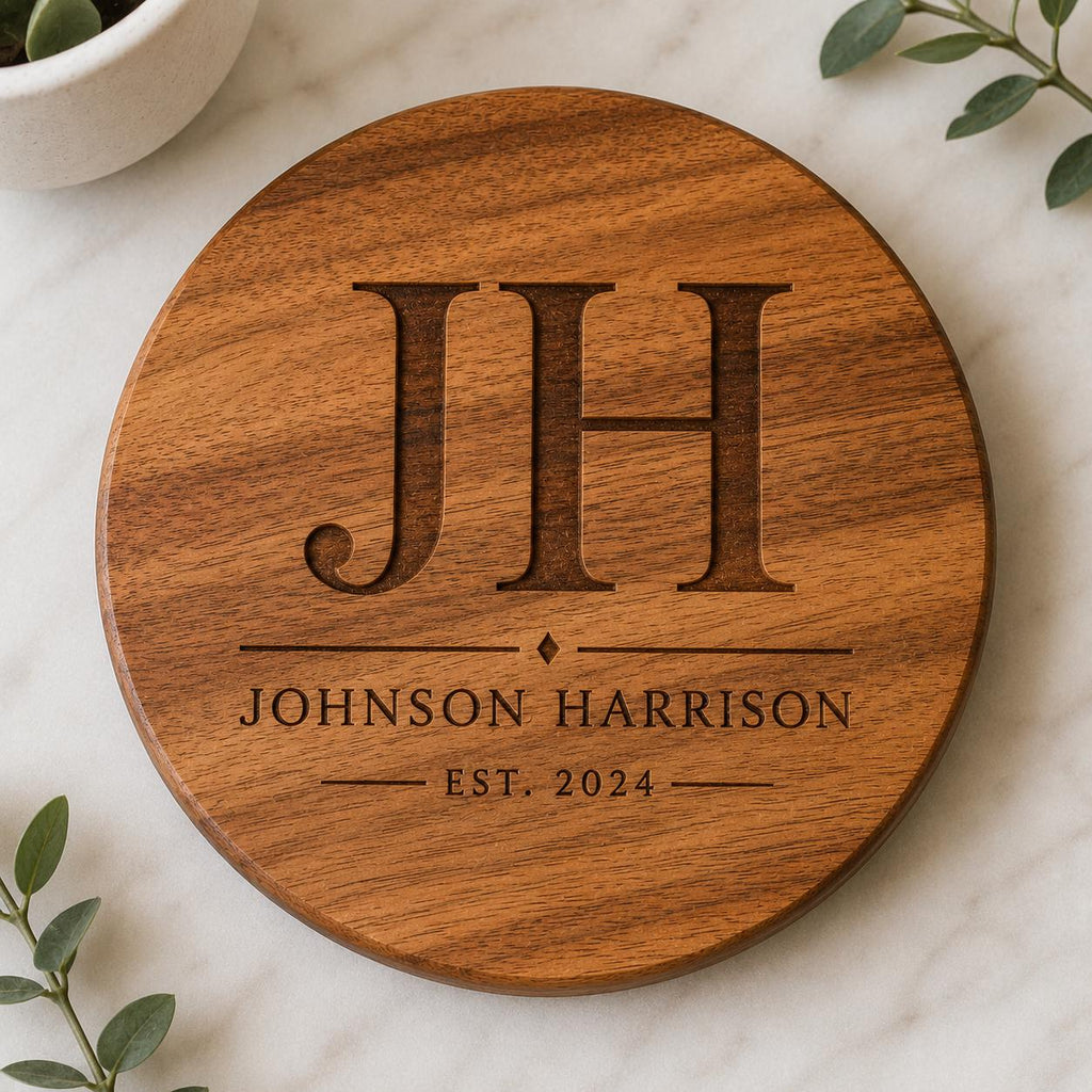 Personalized Acacia Wood Coaster Set, Custom Engraved Monogram, Wedding Housewarming Gift