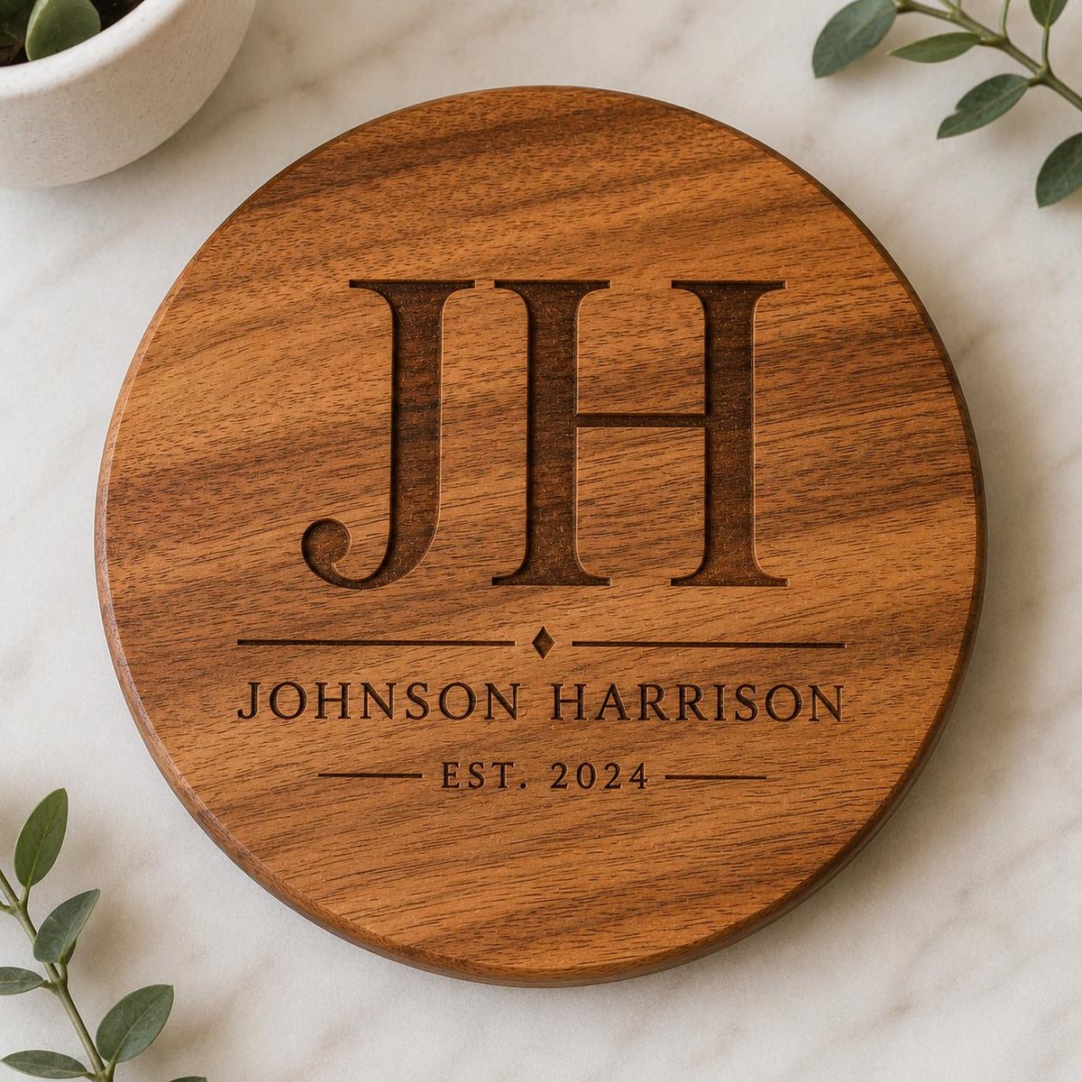Personalized Acacia Wood Coaster Set, Custom Engraved Monogram, Wedding Housewarming Gift