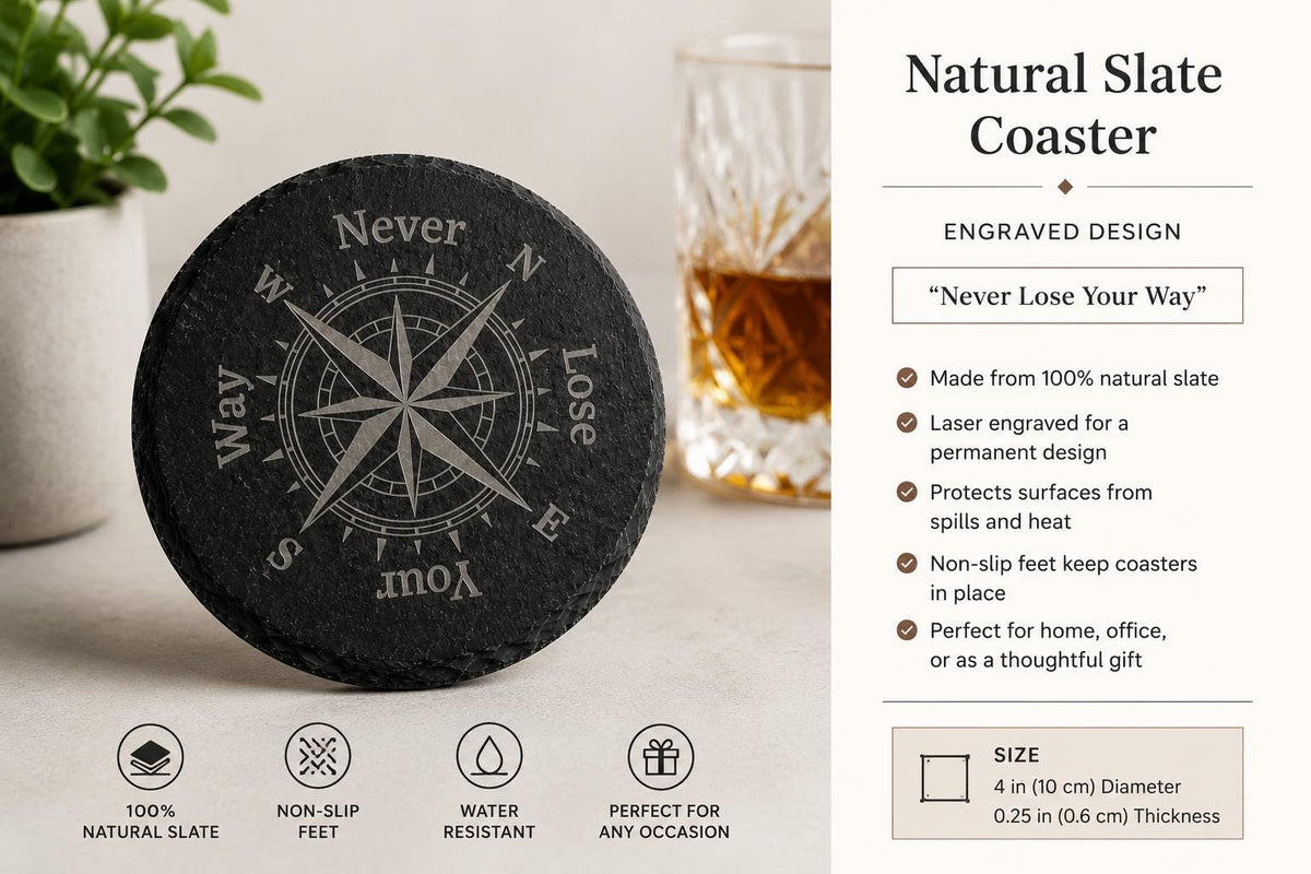 Never Lose Your Way Slate Coasters. Compass Engraved Drink Coasters