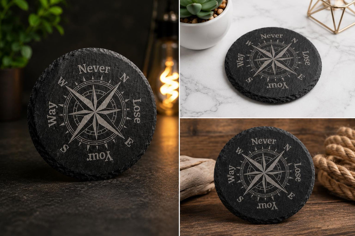 Never Lose Your Way Slate Coasters. Compass Engraved Drink Coasters