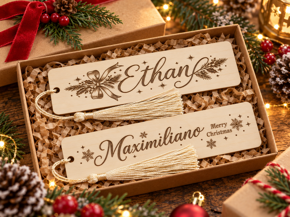 Personalized Christmas Wooden Bookmark with Name – Custom Engraved Holiday Bookmark with Tassel | Gift for Book Lovers