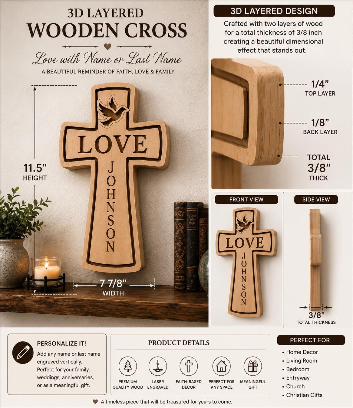 Personalized 3D Wooden Cross Decor, Love Dove Name Sign, Christian Faith Home Art