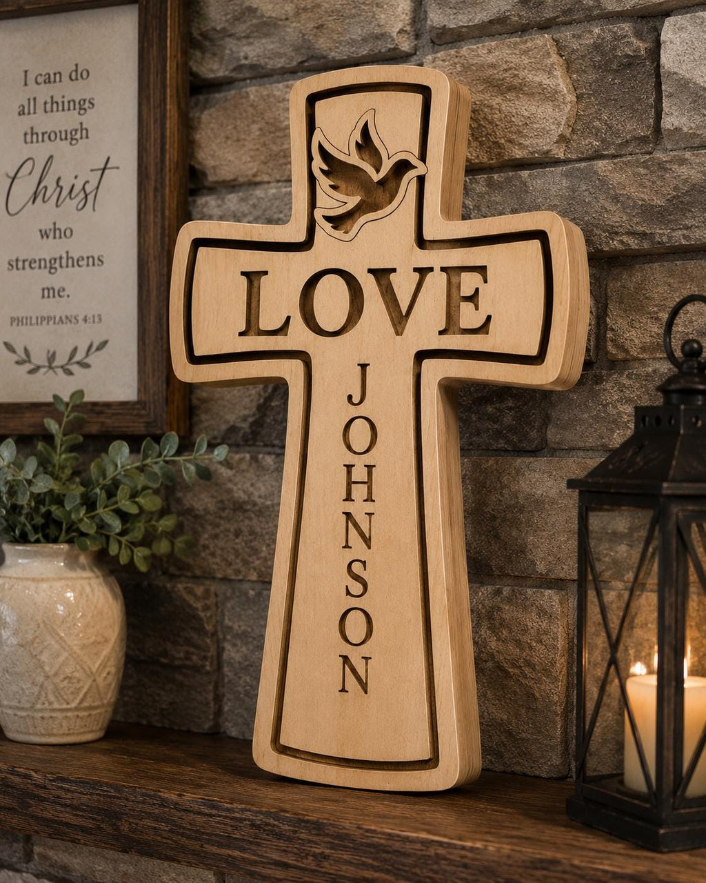 Personalized 3D Wooden Cross Decor, Love Dove Name Sign, Christian Faith Home Art