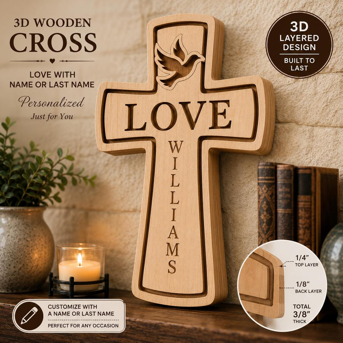 Personalized 3D Wooden Cross Decor, Love Dove Name Sign, Christian Faith Home Art