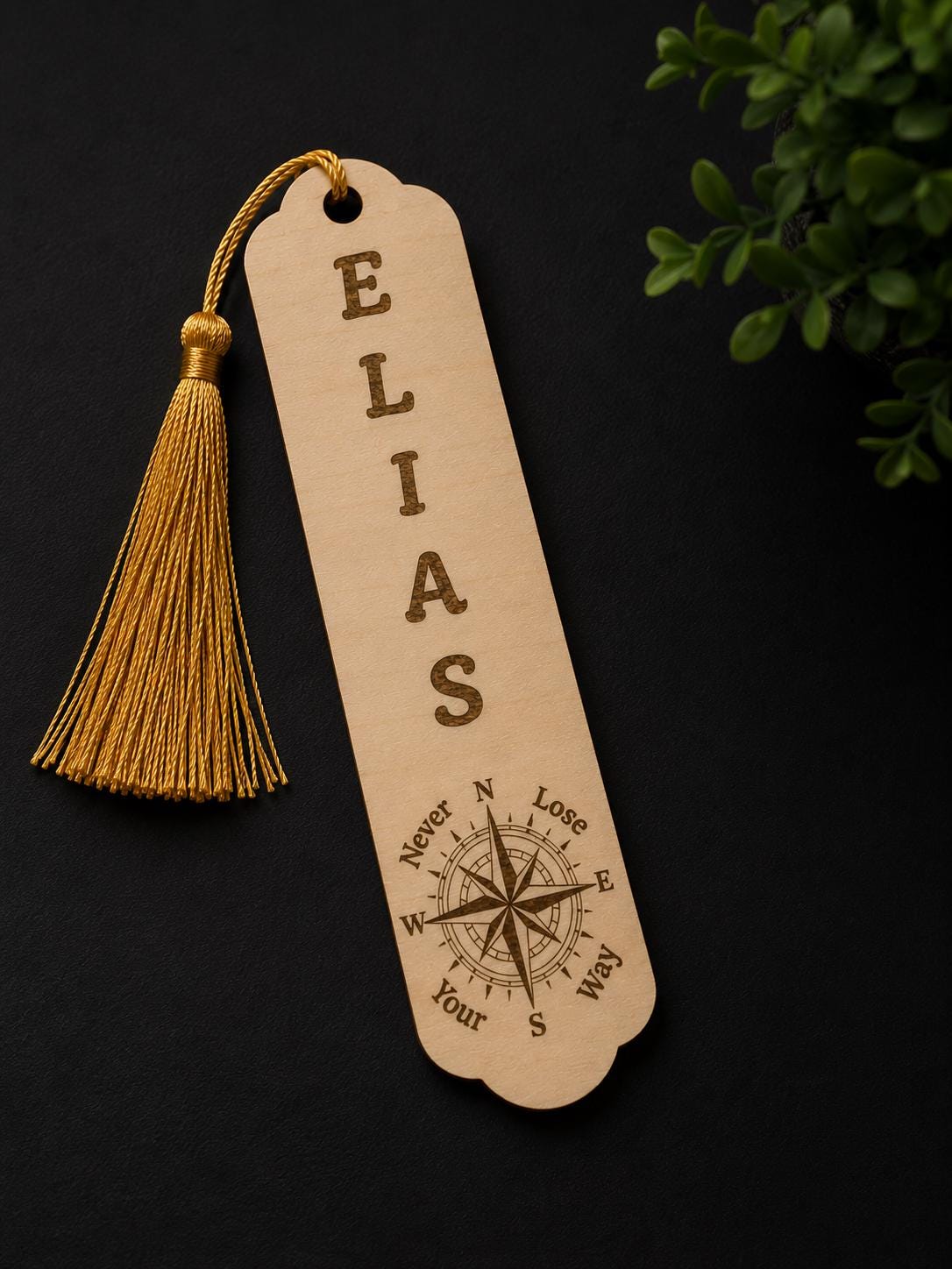 Custom Engraved Wooden Bookmark | Personalized Name, Compass Design, Tassel Detail