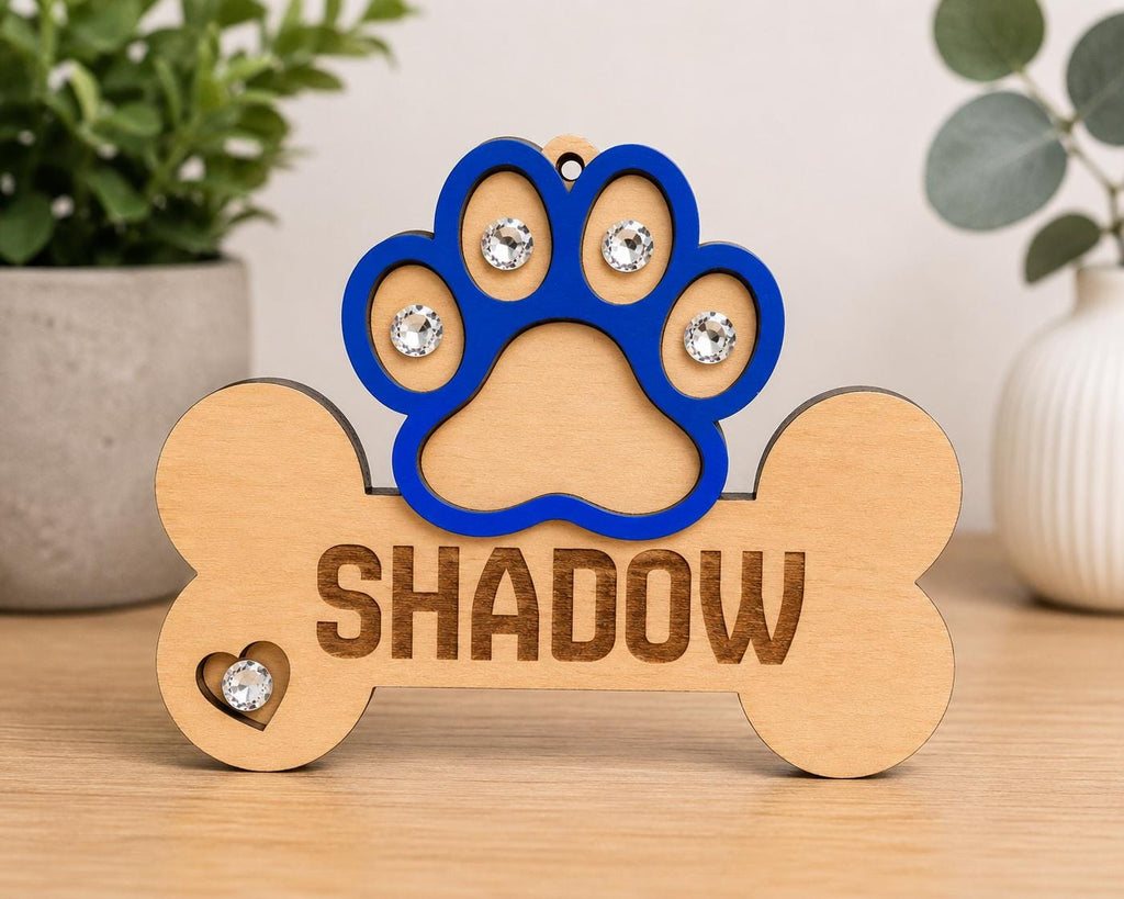 Personalized Wooden Paw Print Ornament – Laser Engraved Pet Name, Glass Stones Charm